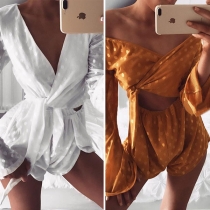 Sexy Deep V-neck Long Sleeve Lace-up Dots Printed Romper