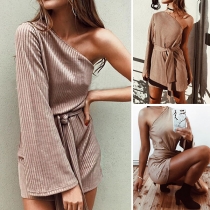 Sexy One-shoulder Trumpet Sleeve Lace-up Solid Color Dress