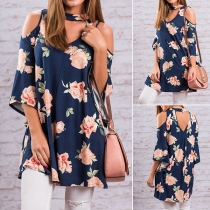 Sexy Off-shoulder Choker V-neck Half Sleeve Printed T-shirt