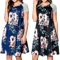 Fashion Striped Spliced Short Sleeve Round Neck Printed Dress