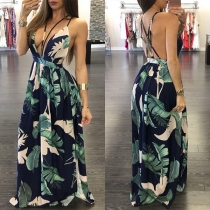 Sexy Backless Deep V-neck Slit Hem Printed Sling Dress