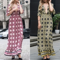 Sexy Deep V-neck Half Sleeve Ruffle Hem Printed Dress