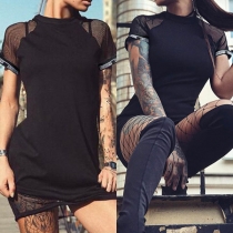 Fashion Gauze Spliced Short Sleeve Round Neck Slim Fit Dress