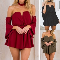Sexy Off-shoulder V-neck Trumpet Sleeve Solid Color Romper