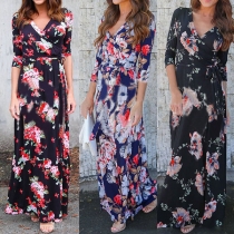 Bohemian Style 3/4 Sleeve V-neck Printed Maxi Dress
