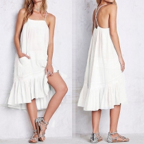 Sexy Backless Ruffle Hem Solid Color Sling Dress