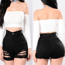 Sexy Off-shoulder Long Sleeve Solid Color Crop Top