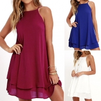 Sexy Backless Double-layer Hem Solid Color Chiffon Sling Dress