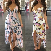 Sexy Backless Irregular Hem Printed Sling Dress