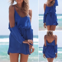 Sexy Backless Off-shoulder Long Sleeve Solid Color Sling Dress
