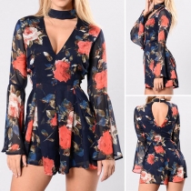 Sexy Backless Deep V-neck Trumpet Sleeve High Waist Printed Romper