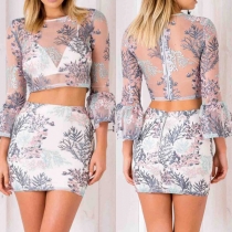 Sexy See-through Gauze Spliced Crop Top + High Waist Skirt Two-piece Set