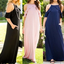 Sexy Off-shoulder Ruffle Solid Color Maxi Dress