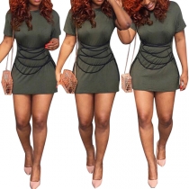 Fashion Solid Color Short Sleeve Round Neck Lace-up Slim Fit Dress