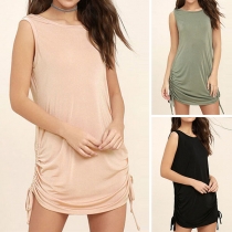 Sexy Backless Sleeveless Round Neck Drawstring Hem Solid Color Dress