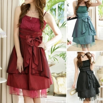 Sweet Style Bowknot High Waist Gauze Spliced Hem Sling Party Dress