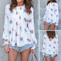 Sweet Style Long Sleeve Round Neck Printed Blouse