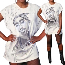 Hip-hop Style Short Sleeve Round Neck Lace-up Hem Printed Dress