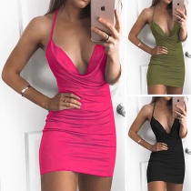 Sexy Backless Deep V-neck Solid Color Sling Dress
