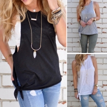 Sexy Side-slit Sleeveless Round Neck Solid Color T-shirt