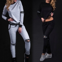 Fashion Letters Printed Long Sleeve Round Neck Ripped Sports Suit