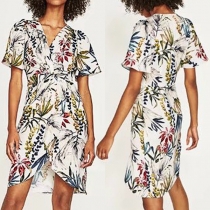 Fashion Short Sleeve V-neck Irregular Hem Printed Dress