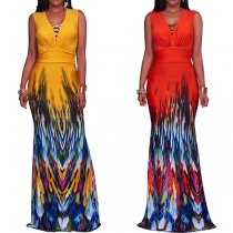 Sexy Deep V-neck Sleeveless High Waist Printed Party Dress