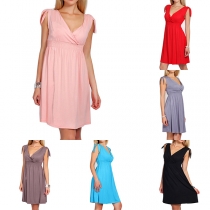 Elegant Solid Color Sleeveless V-neck High Waist Dress