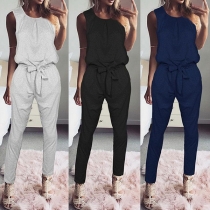 Fashion Solid Color Sleeveless Round Neck High Waist Jumpsuit
