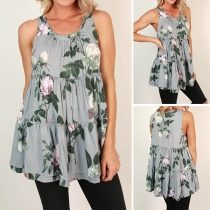 Fashion Sleeveless Round Neck Ruffle Hem Printed Shirt