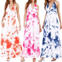Sexy Backless Deep V-neck High Waist Printed Halter Dress