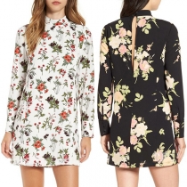 Sweet Style Long Sleeve Mock Neck Printed Dress