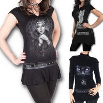 Fashion 3D Animal Cartoon Printed Cap Sleeve V-neck T-shirt