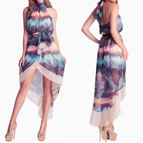 Sexy Backless High-low Hem Printed Halter Chiffon Dress