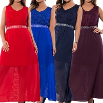 Elegant Solid Color Sleeveless V-neck Lace Spliced Chiffon Party Dress