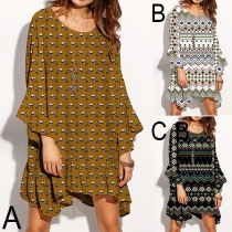 Bohemian Style Trumpet Sleeve Round Neck Irregular Hem Printed Dress