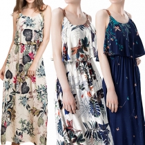 Fashion High Waist Printed Ruffle Sling Maxi Dress