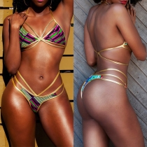 Sexy Colorful printed Backless Halter Bikini Set