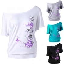 Sexy Oblique-shoulder Short Sleeve Printed T-shirt