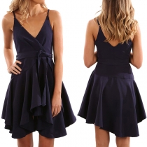 Sexy Backless V-neck Irregular Hem Solid Color Sling Dress