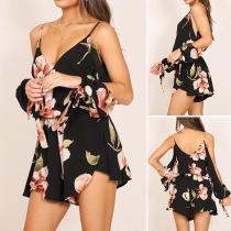 Sexy Backless V-neck Slit Long Sleeve Printed Sling Romper