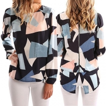 Fashion Contrast Color Long Sleeve Round Neck Slit Hem Blouse
