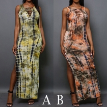 Sexy Lace-up Deep V-neck Slit Hem Sleeveless Printed Dress