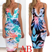 Sexy Backless Deep V-neck Slim Fit Printed Sling Dress