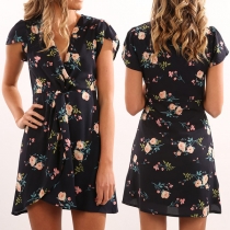 Fashion Short Sleeve V-neck Irregular Hem Printed Dress