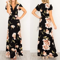 Sexy Deep V-neck Slit Hem Short Sleeve Printed Maxi Dress