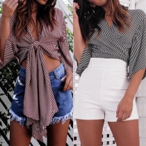 Sexy Deep V-neck Half Sleeve Lace-up Hem Striped Top