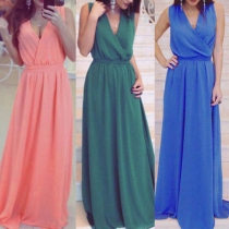 Elegant Solid Color Sleeveless V-neck High Waist Chiffon Party Dress