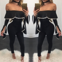 Sexy Off-shoulder Boat Neck Trumpet Sleeve High Waist Slim Fit Jumpsuit