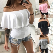 Off-shoulder Boat Neck Solid Color Ruffle Top